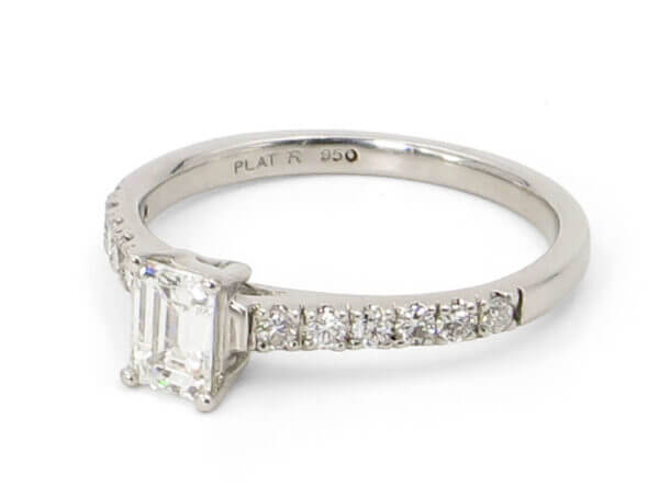 Platinum 0.54 Carat Emerald Cut Diamond Ring left side