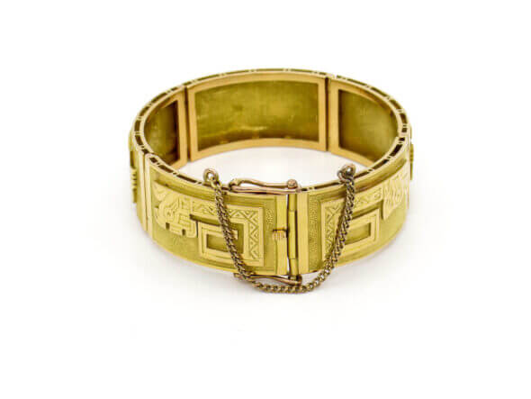 18 Karat Yellow Gold Wide Five Panel Mayan Design Bracelet