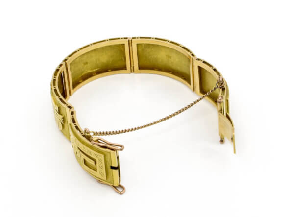18 Karat Yellow Gold Wide Five Panel Mayan Design Bracelet