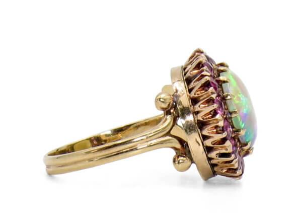 10 Karat Yellow Gold Victorian Opal and Pink Sapphire Halo Cocktail