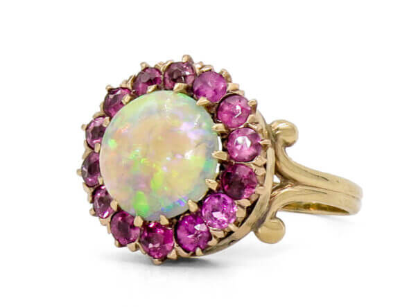 10 Karat Yellow Gold Victorian Opal and Pink Sapphire Halo Cocktail
