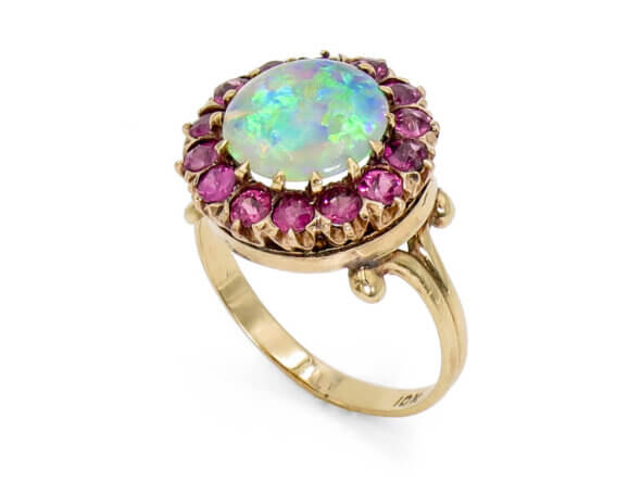 10 Karat Yellow Gold Victorian Opal and Pink Sapphire Halo Cocktail