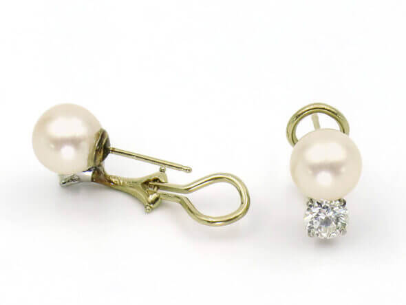 14 Karat Yellow Gold Pearl and Diamond Earrings