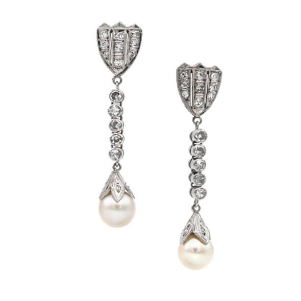 18K White Gold Diamond | Pearl Dangle Earrings