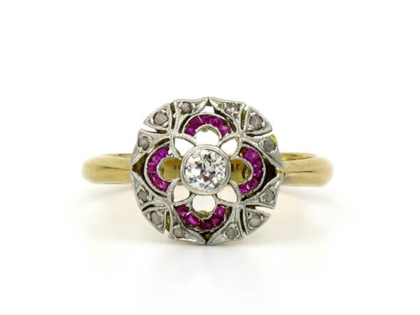 Platinum Topped 18 Karat Yellow Gold Ruby | Diamond Art Deco Ring
