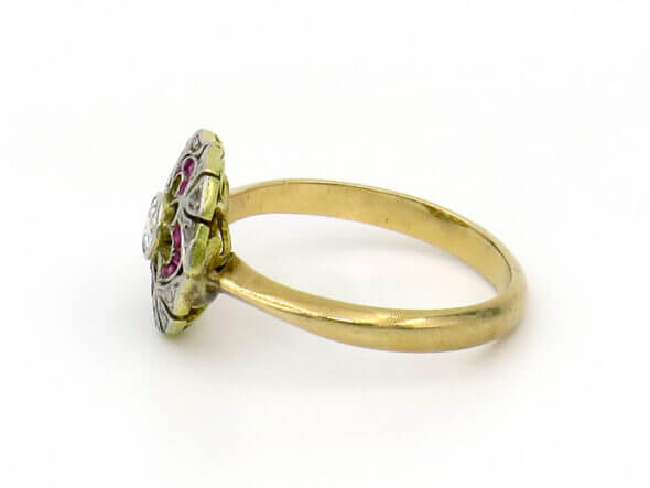 Platinum Topped 18 Karat Yellow Gold Ruby | Diamond Art Deco Ring