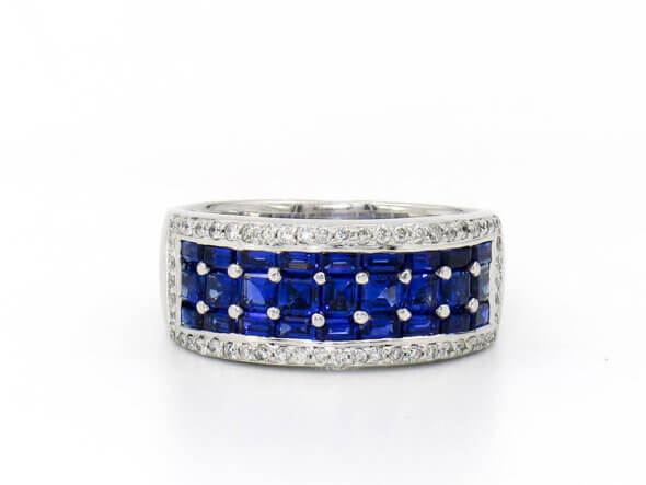 14 Karat White Gold Wide Diamond and Sapphire Band