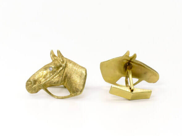 14 Karat Yellow Gold and Diamond Horse Head Cufflinks