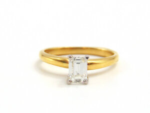 18 Karat Yellow Gold and Platinum Emerald Cut Diamond Solitaire Ring front view