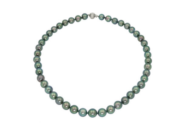 14 Karat White Gold Graduated Strand of Green Tahitian Pearls