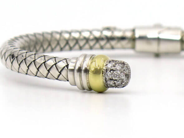 Silver and 18 Karat Yellow Gold Basket Weave Bracelet With Pavé Diamond End Caps
