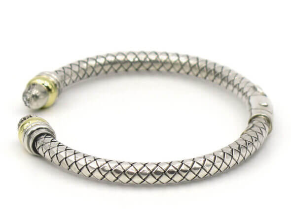 Silver and 18 Karat Yellow Gold Basket Weave Bracelet With Pavé Diamond End Caps back view
