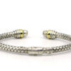 Silver and 18 Karat Yellow Gold Basket Weave Bracelet With Pavé Diamond End Caps front view
