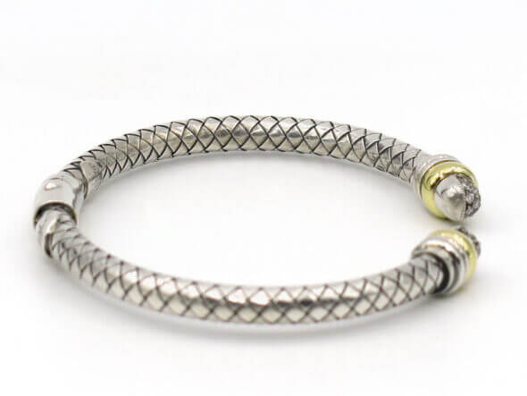 Silver and 18 Karat Yellow Gold Basket Weave Bracelet With Pavé Diamond End Caps side view