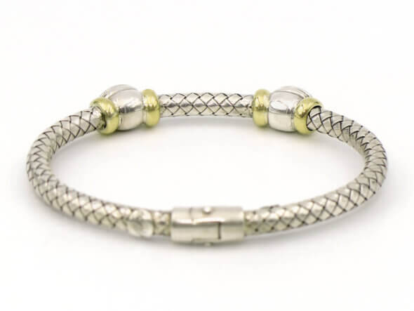 Silver and 18 Karat Yellow Gold Weave Bracelet with Bezel Set Topaz back view