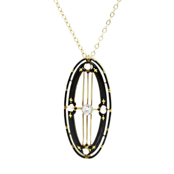 14 Karat Yellow Gold Diamond, Seed Pearl and Black Enamel Pendant