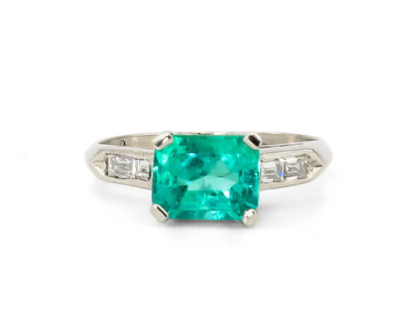 Platinum Emerald and Diamond Ring front view