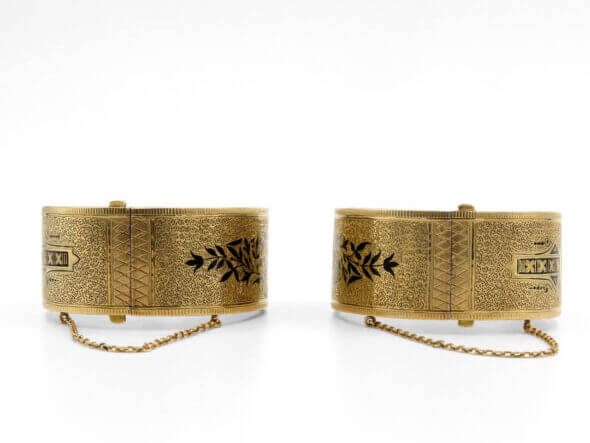 14 Karat Yellow Gold Victorian Hinged Bangles with Taille D'Epargne Designs