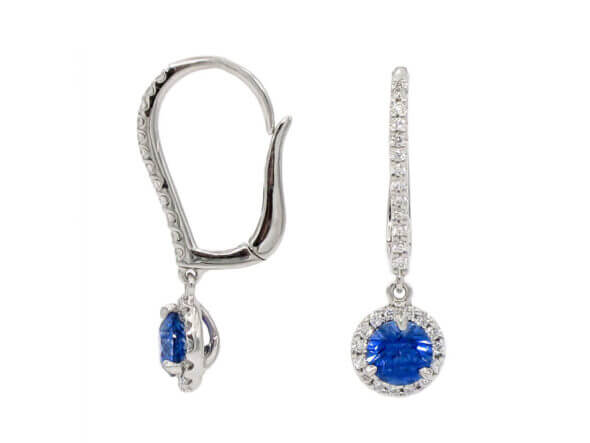 14 Karat White Gold Sapphire and Diamond Halo Drop Earrings