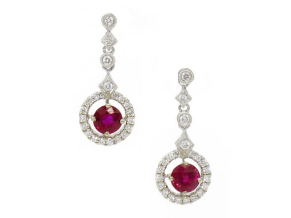 14 Karat White Gold Ruby and Diamond Halo Dangle Earrings