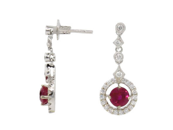 14 Karat White Gold Ruby and Diamond Halo Dangle Earrings