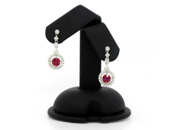 14 Karat White Gold Ruby and Diamond Halo Dangle Earrings