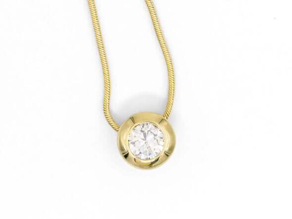 14 Karat Yellow Gold Bezel Set Diamond Solitaire Necklace