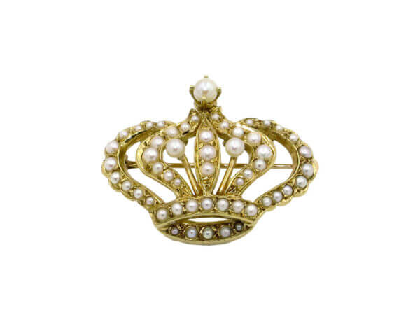 14 Karat Yellow Gold and Seed Pearl Crown Brooch
