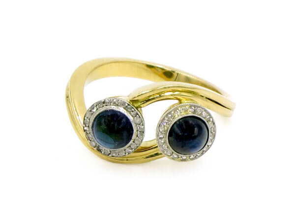 18 Karat Yellow Gold and Platinum Double Sapphire Cabochon and Diamond Ring front view