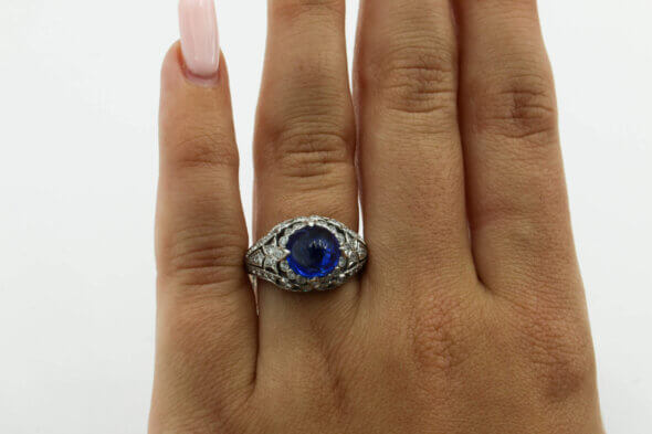 Platinum Cabochon Sapphire and Diamond Ring