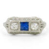 18 Karat White Gold Art Deco Diamond and Sapphire Three Stone Ring front view