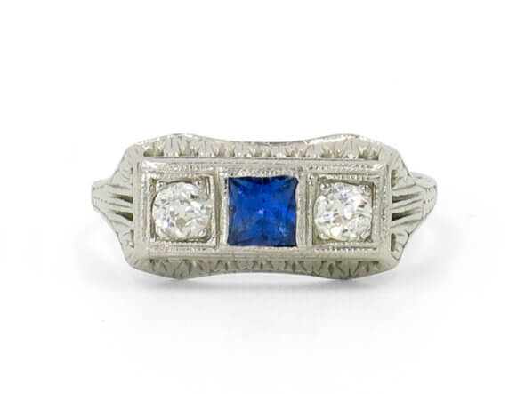 18 Karat White Gold Art Deco Diamond and Sapphire Three Stone Ring front view