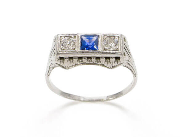18 Karat White Gold Art Deco Diamond and Sapphire Three Stone Ring facing up