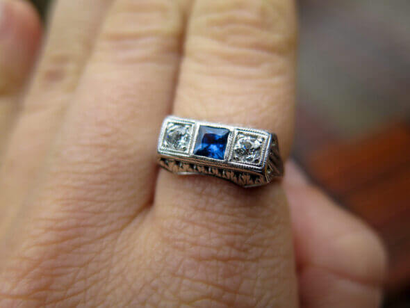 18 Karat White Gold Art Deco Diamond and Sapphire Three Stone Ring on hand