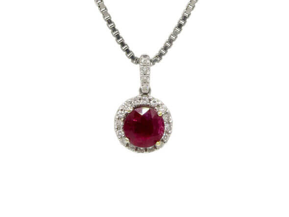 14 and 18 Karat White Gold Ruby and Diamond Halo Necklace