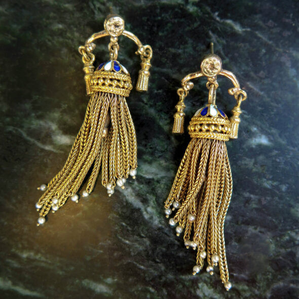 Victorian Tassel Earrings with Blue and White Enamel