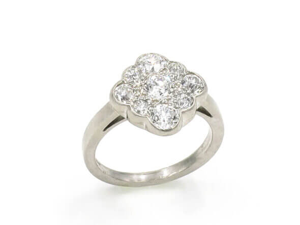Platinum Diamond Cluster Ring with Scalloped Edges standing