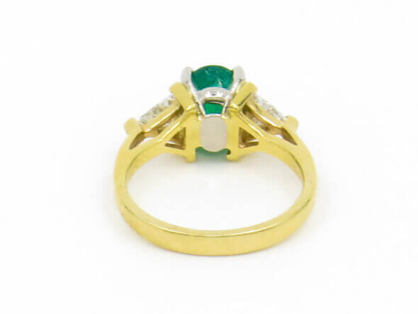 14 Karat Yellow and White Gold Emerald and Trillion Cut Diamond Ring back view