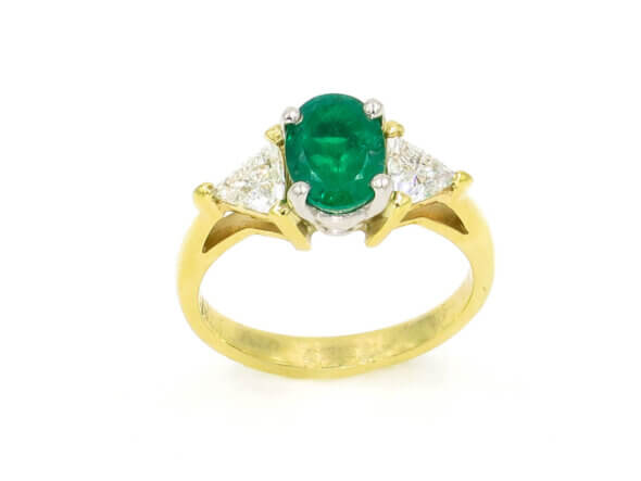 14 Karat Yellow and White Gold Emerald and Trillion Cut Diamond Ring front view