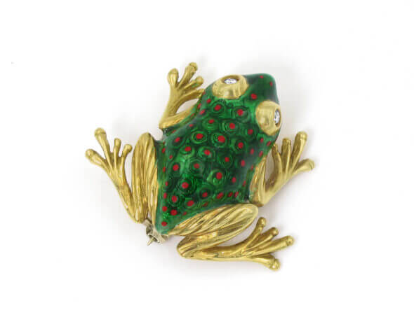 14 Karat Yellow Gold Enamel Frog Pin with Diamond Eyes