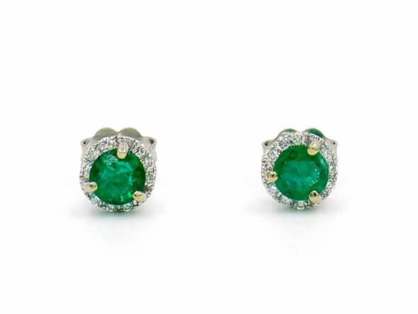 14 Karat White Gold Emerald and Diamond Halo Studs