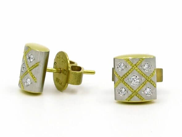 Zoltan David Platinum and 22 Karat Yellow gold Rectangular Diamond Earrings