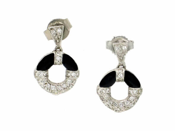 14 Karat White Gold Diamond and Black Onyx Drop Earrings