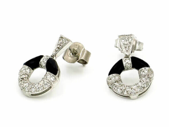 14 Karat White Gold Diamond and Black Onyx Drop Earrings