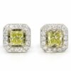 18 Karat White and Yellow Gold Fancy Yellow Diamond Earrings with Diamond Halo front view