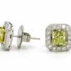 18 Karat White and Yellow Gold Fancy Yellow Diamond Earrings with Diamond Halo front and side