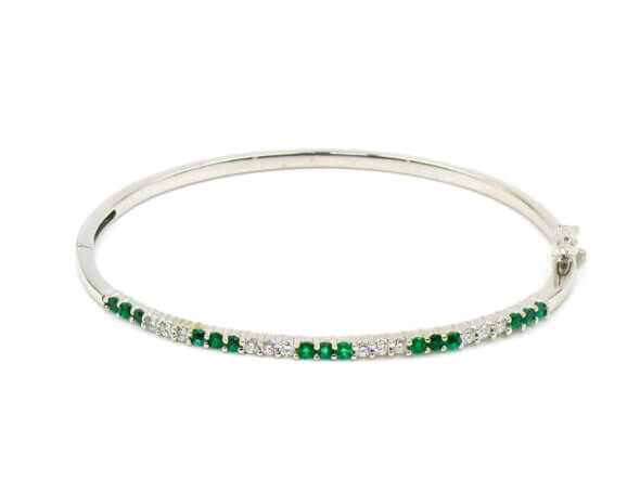 18 Karat White Gold Emerald and Diamond Bangle Bracelet front view