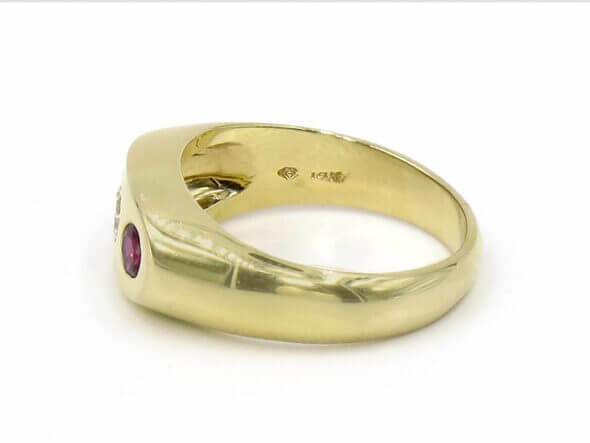 14 Karat Yellow Gold Three Stone Ruby and Diamond Gypsy Set Ring