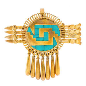 Southwest Design 18K and 14K Yellow Gold Turquoise Pendant Pin | Pendant front
