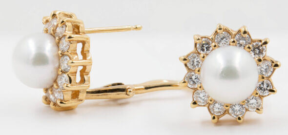 14 Karat yellow gold Pearl | Diamond halo Earrings
